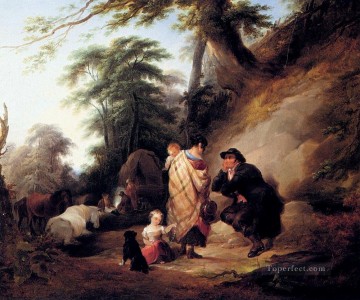  William Oil Painting - Travelers Resting rural scenes William Shayer Snr